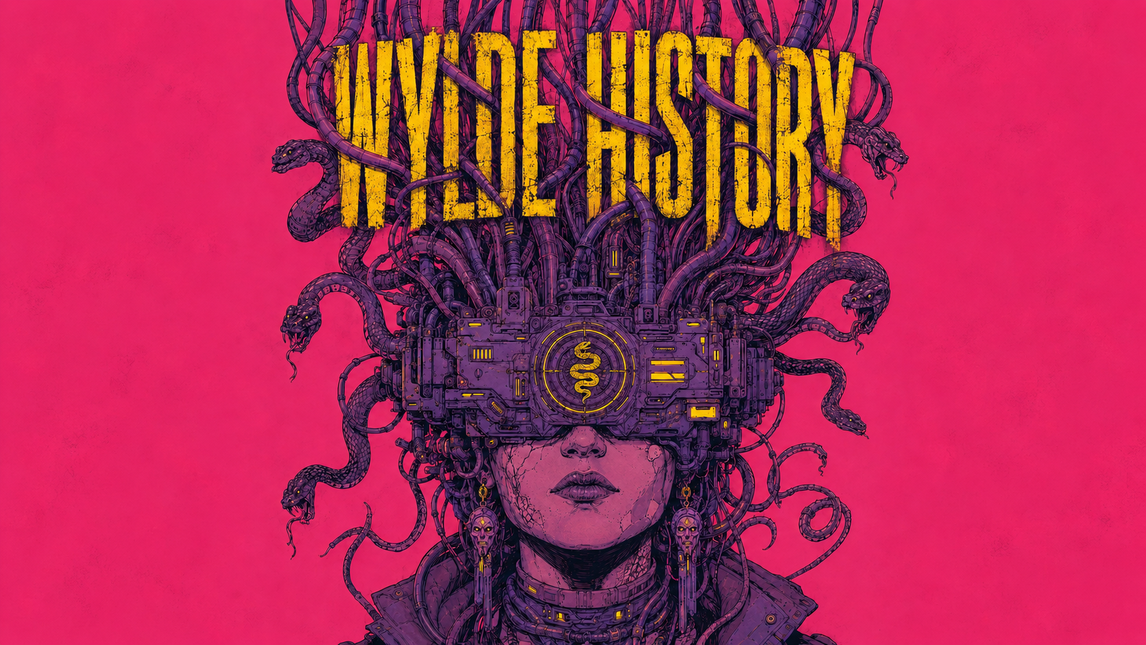 Cybernetic Medusa wearing a serpent visor beneath the Wylde History wordmark.